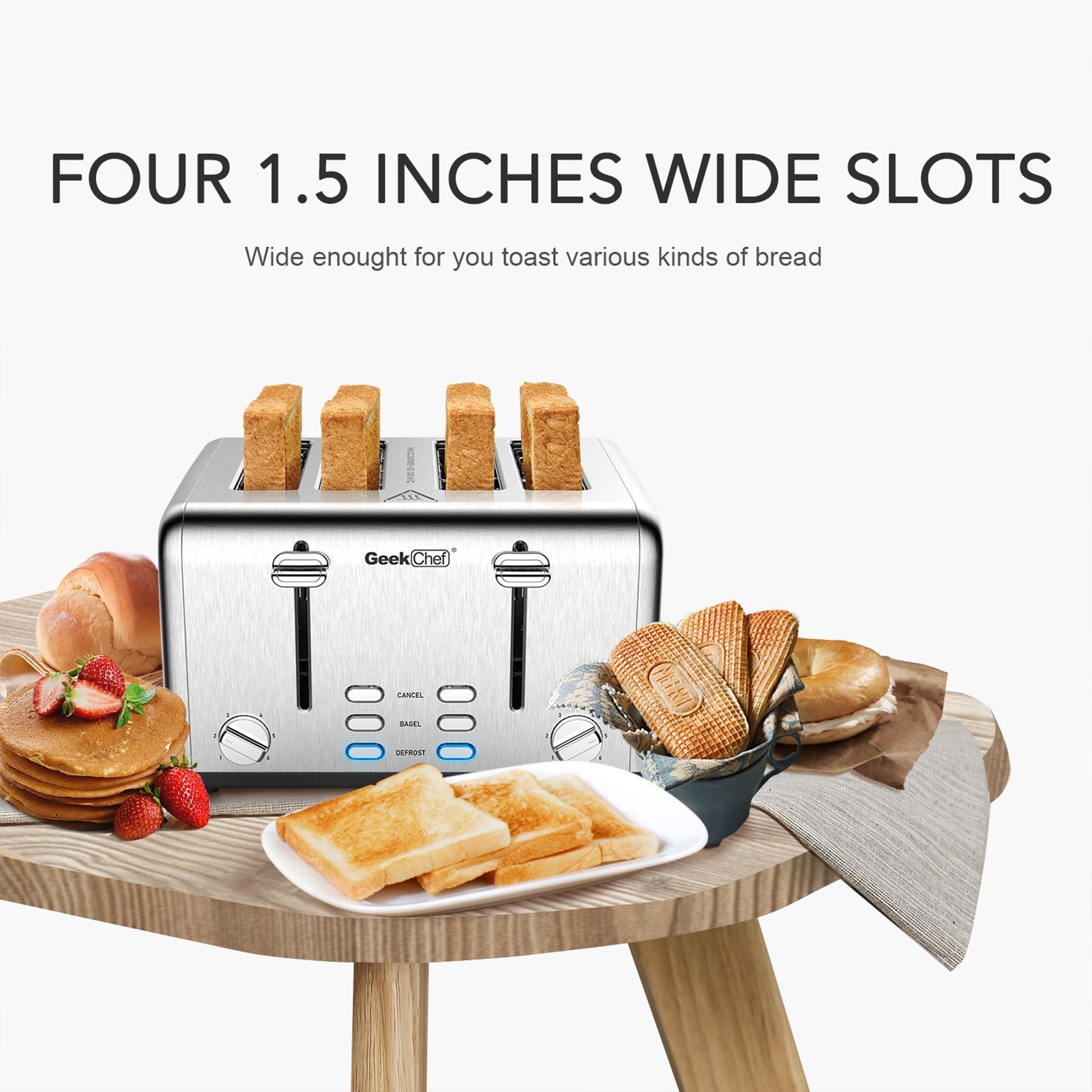 1550 W 4-Slice Silver Stainless Steel Wide Slot Toaster with Dual Control Panels