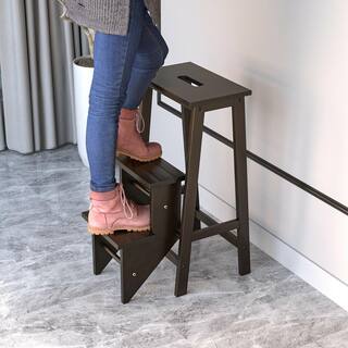 ANGELES HOME 30 in. H 3-in-1 Foldable Natural 3-Step Wood Step Stool 200 lbs. Load Capacity Brown M10-8JV235BN