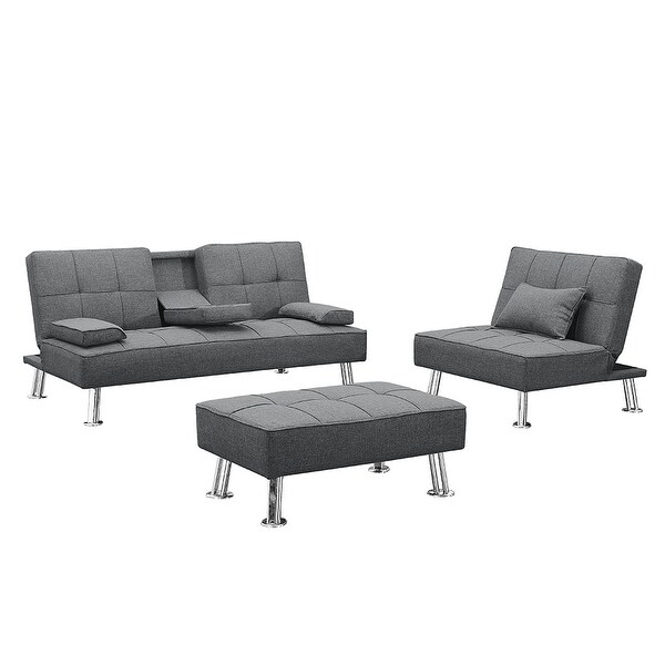 3 pcs Fabric Folding Sofa Set with Loveseat with 2 cup holder，Single Sofa Bed and Ottoman