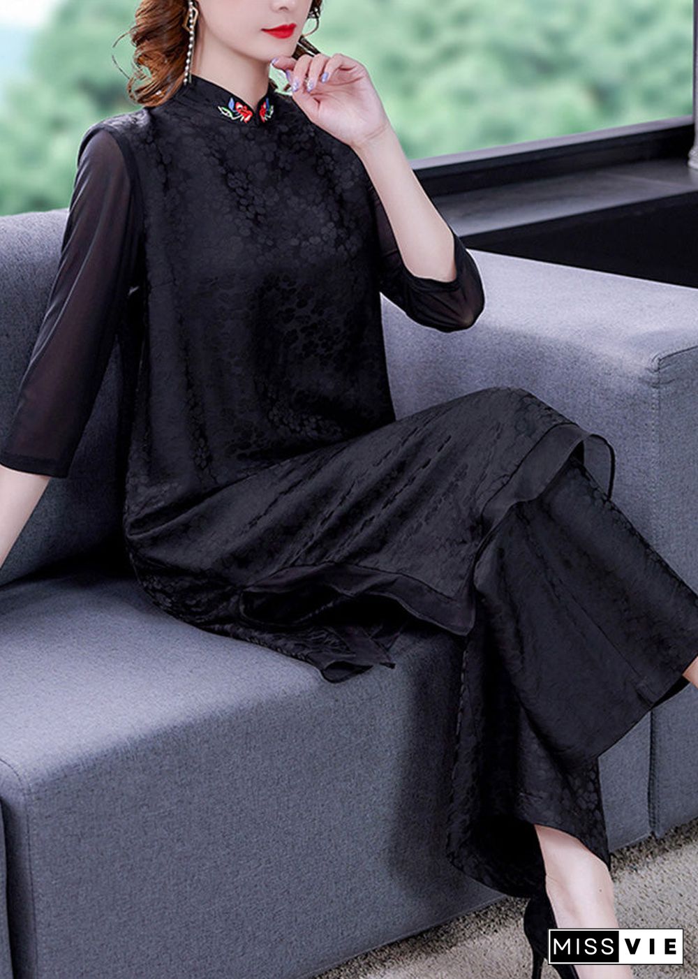 Jacquard Black Embroideried Silk Top And Wide Leg Pants Two Pieces Set Summer