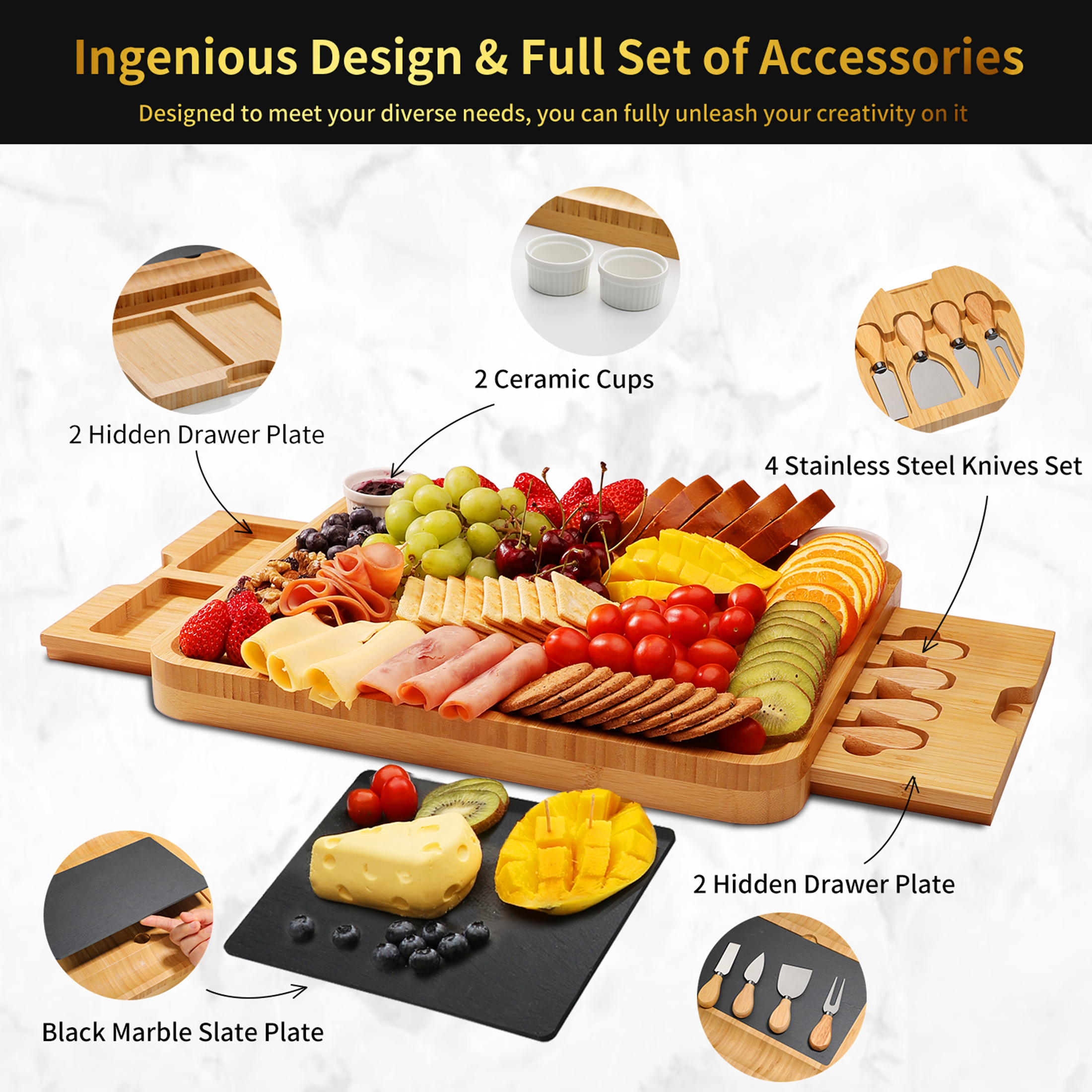 Mozing  Extra Large Charcuterie Board， Cheese Plate， Christmas  Charcuterie Board with Knife， Bamboo