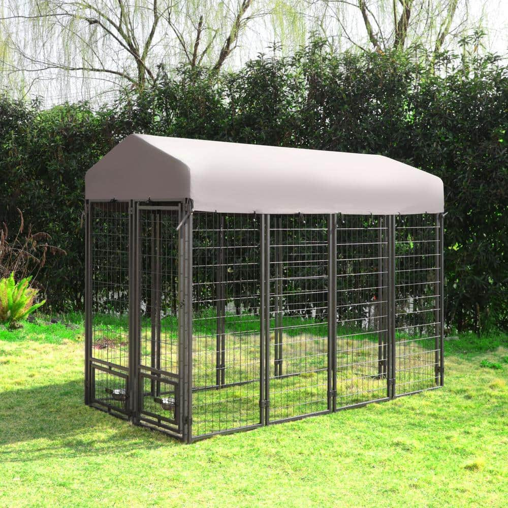 VEIKOUS 4 ft. x 8 ft. Outdoor Dog Kennel In-Ground Fence with Rotating Feeding Door and Cover, Coverage Area 0.0007-Acre PS0101-02