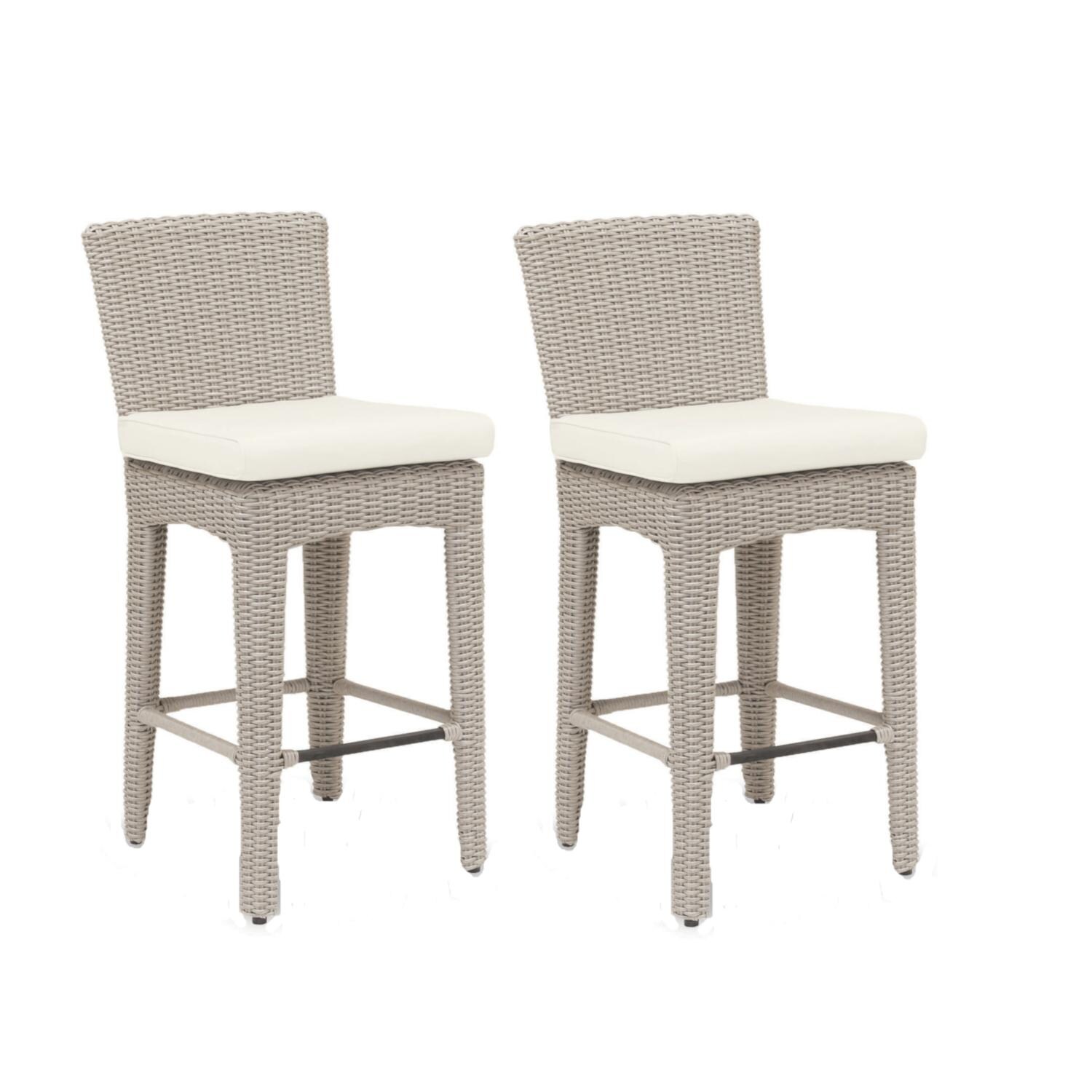 Manhattan 2 Piece Wicker Patio Counter Height Bar Stool Set W/ Sunbrella Linen Canvas Cushions By Sunset West