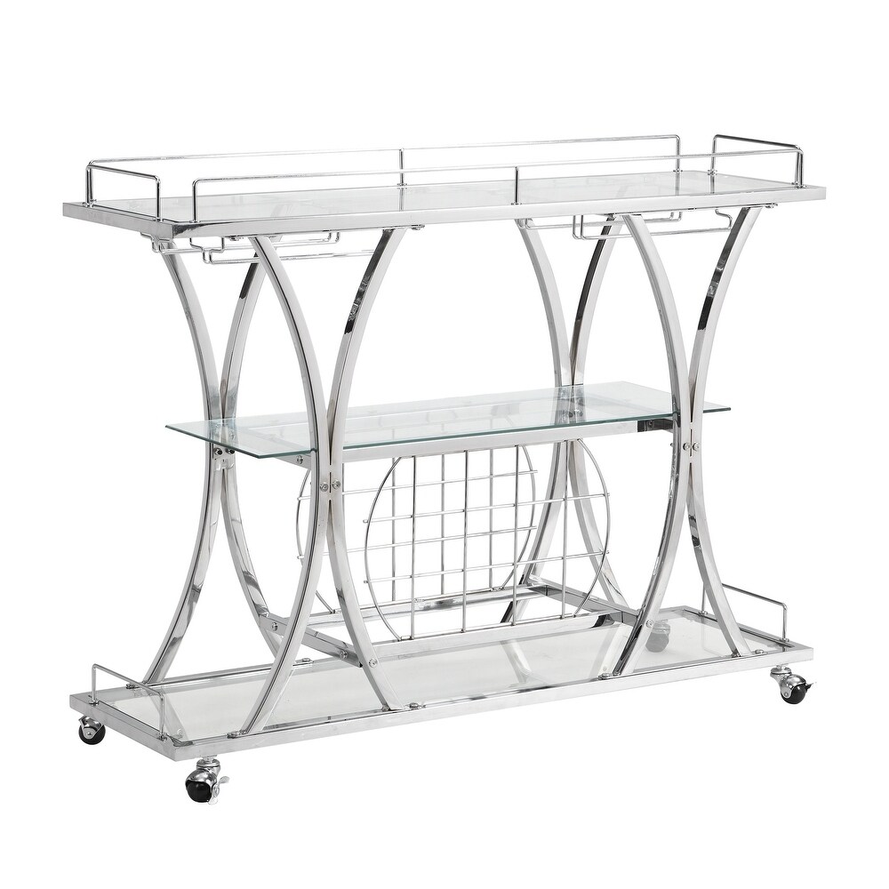 Contemporary Chrome Bar Cart with Wine Rack Silver