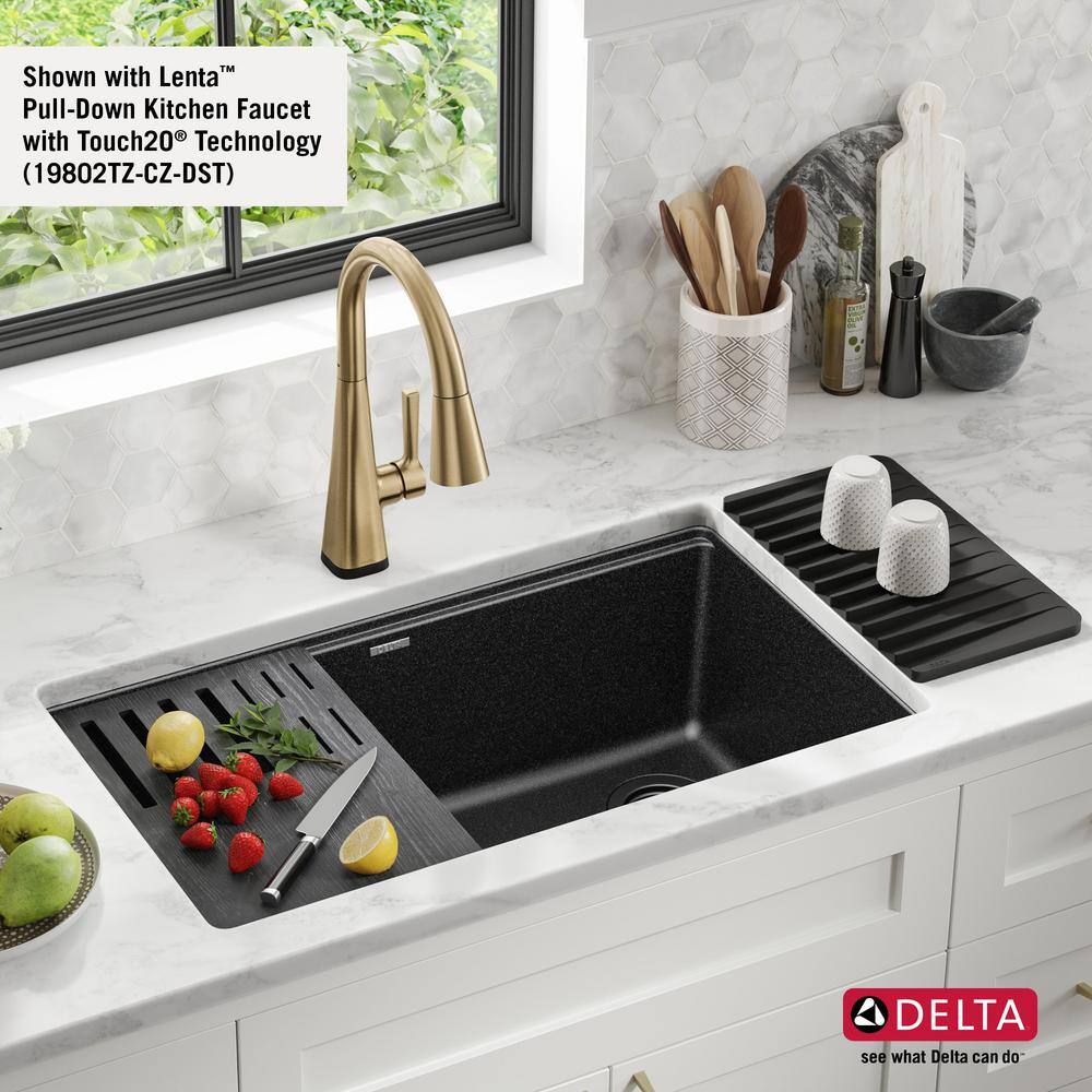 Delta Everest Black Granite Composite 32 in. Single Bowl Undermount Kitchen Sink with Accessories 75B933-33S-BL