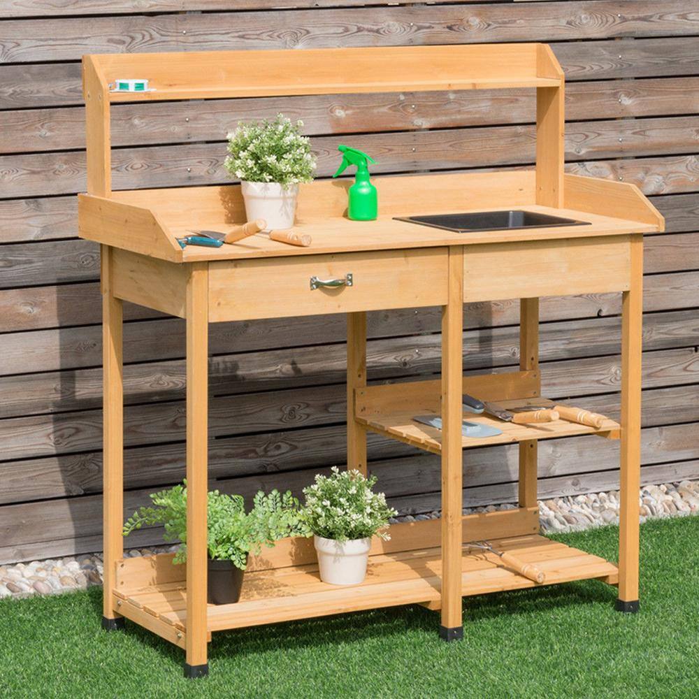 FORCLOVER 48 in. Tall Indoor/Outdoor Yellow Fir Wood Potting Bench Storage Table Shelf CTW-GT3203