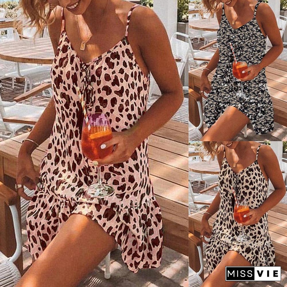 Spaghetti Strap Leopard Printed Summer Beach Dress Women Fashion Casual Mini Dress Vestidos