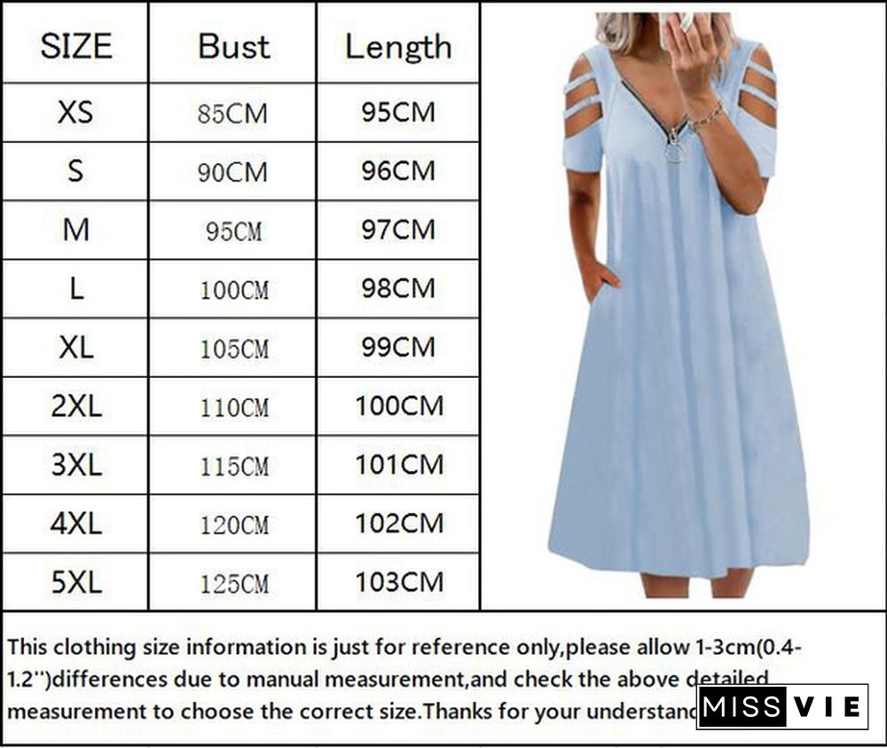 NEW Summer Women's Fashion Casual Short Sleeve Zipper V-neck Dress Beach Dresses Plus Size Party Dresses