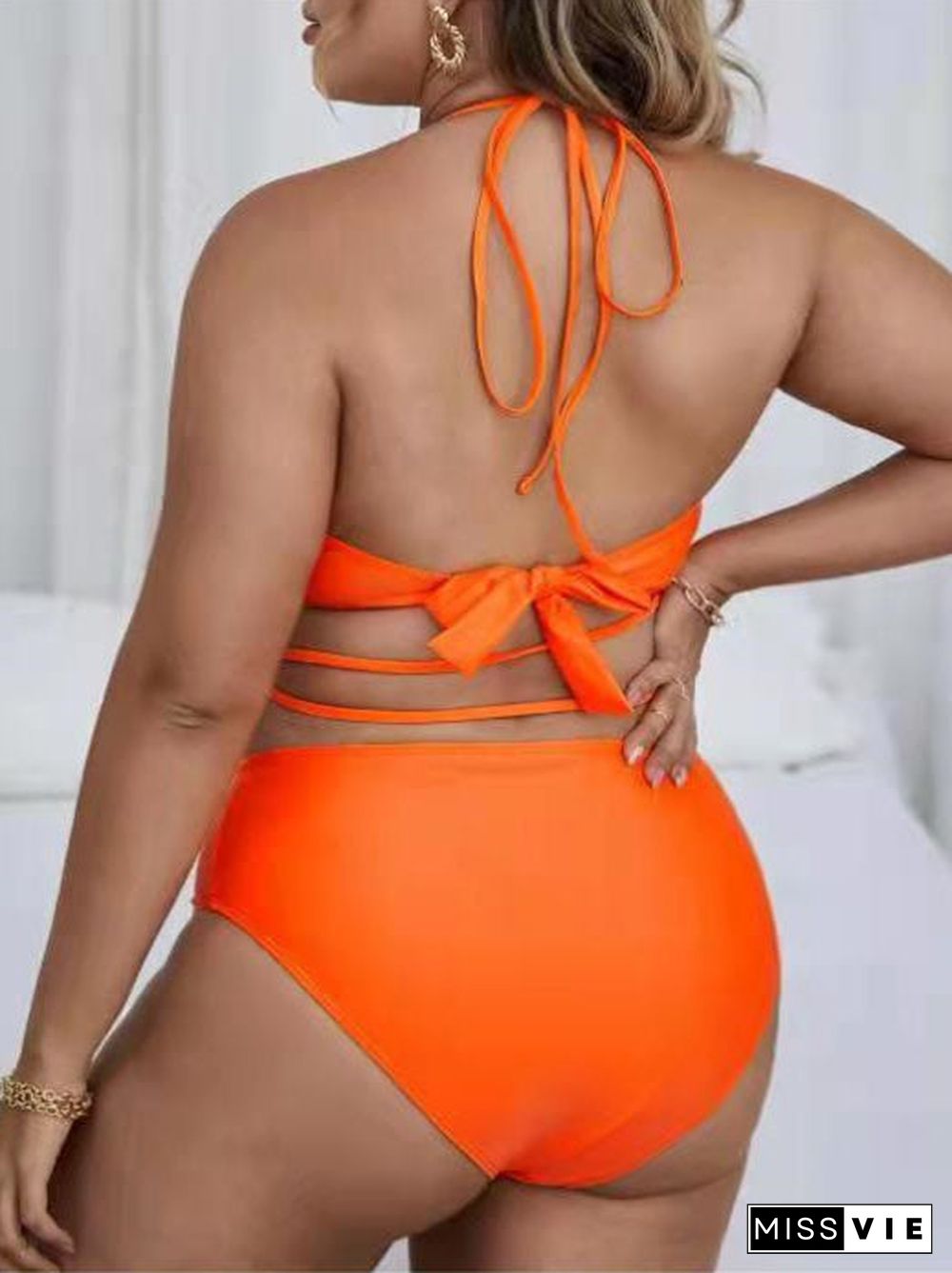 Plus Size Solid Backless Bikini Set