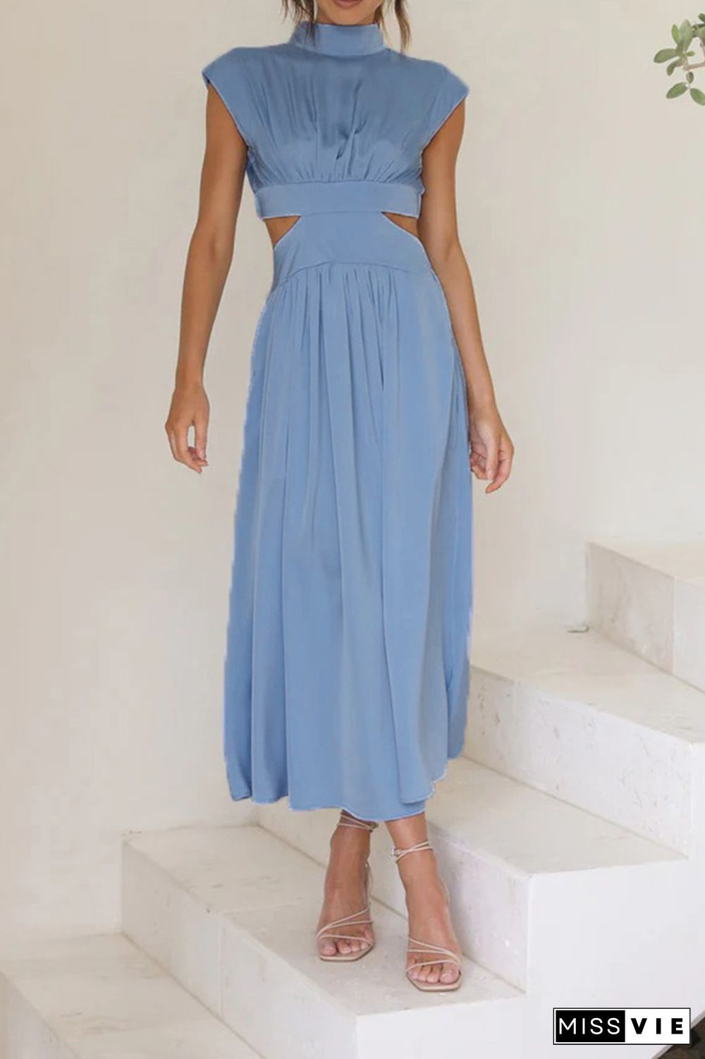 Plain Frilled High Collar Cut Out Waist Maxi Dress