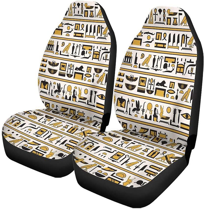 Set Of 2 Car Seat Covers Egyptian Hieroglyphs Yellow Black Color Horizontal Universal Auto Front Seats Protector Fits