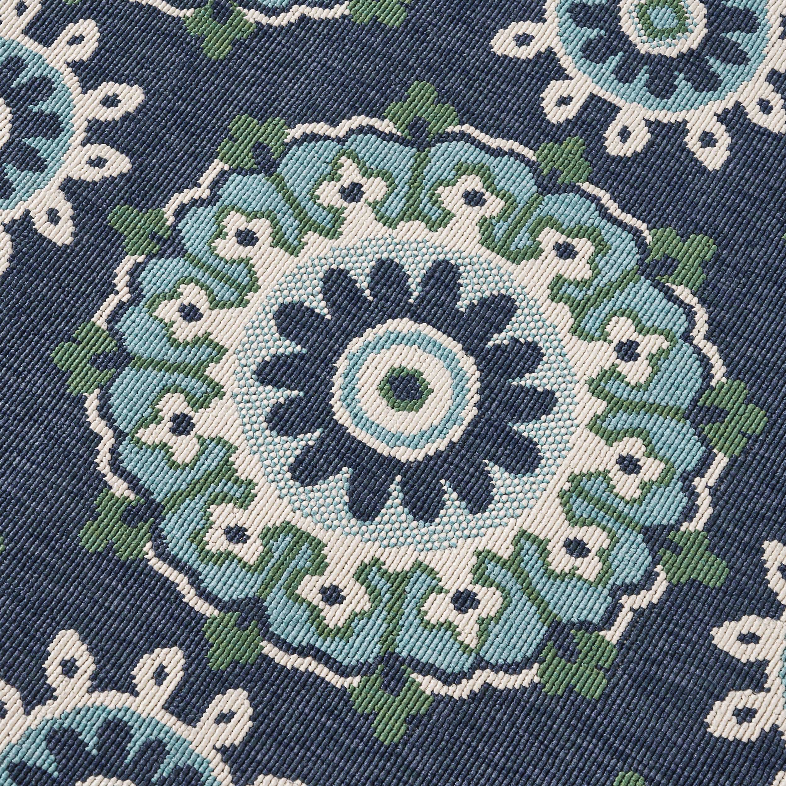 Arlene Outdoor Medallion Area Rug, Navy and Green