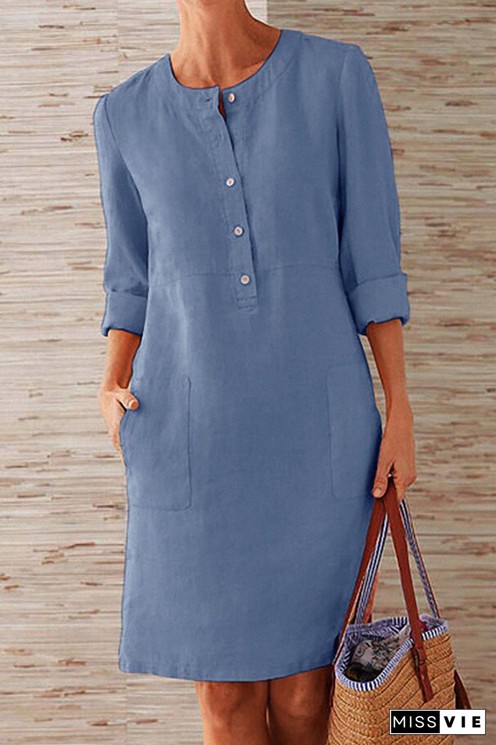 Casual Solid Pocket Buckle O Neck Long Sleeve Dresses(6 Colors)