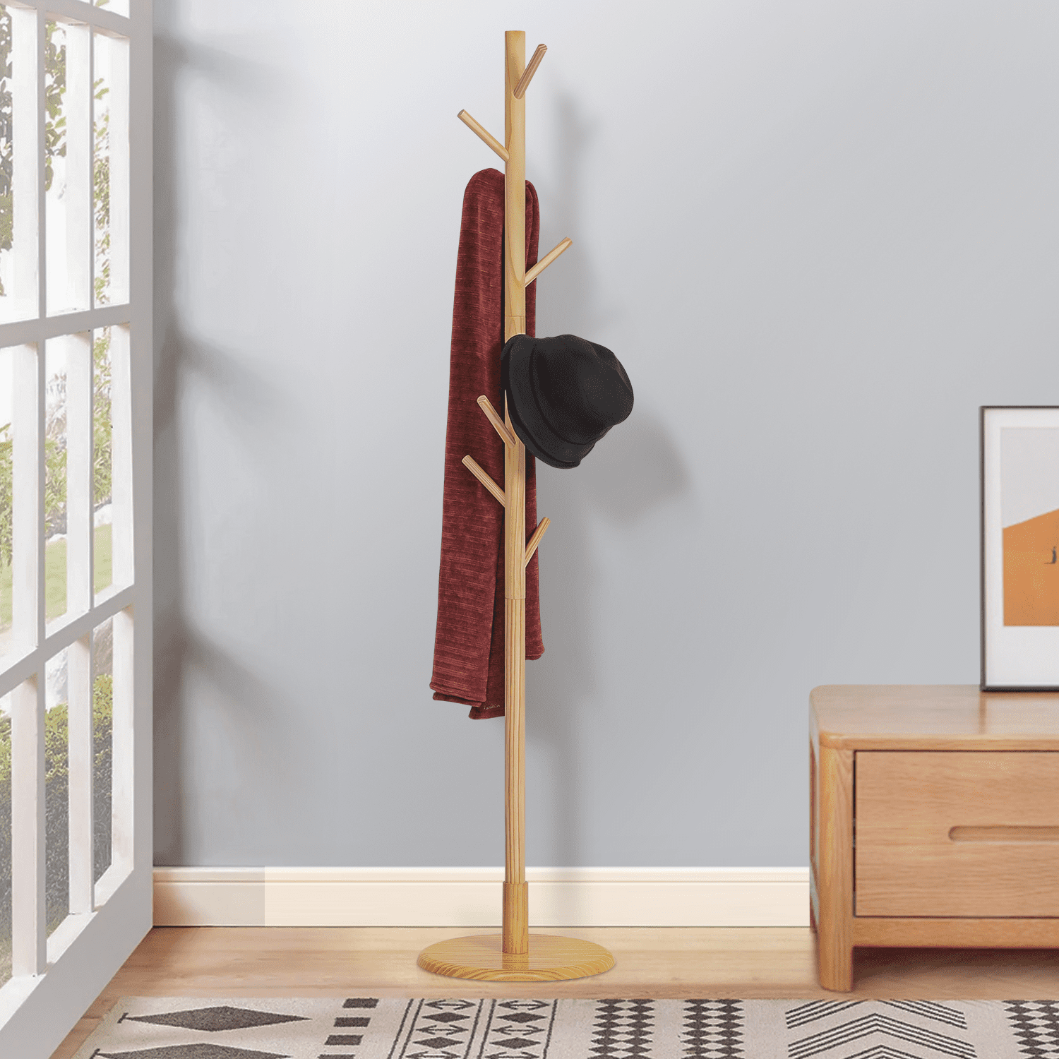 MoNiBloom Wood Adjustable Coat Rack， Modern Free Standing Hat Handbag Storage Stand， Natural， for Entryway