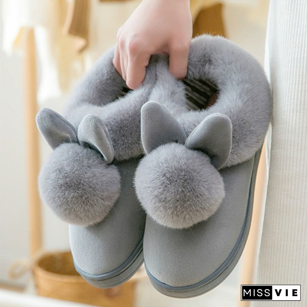 Winter Cute Rabbit Hair Indoor Warm Non-Slip Cotton Slippers Winter Women Shoes