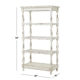 Litton Lane 5 Shelf Wood Stationary White Distressed Open Shelving Unit with Spindle Sides and Mesh 44419