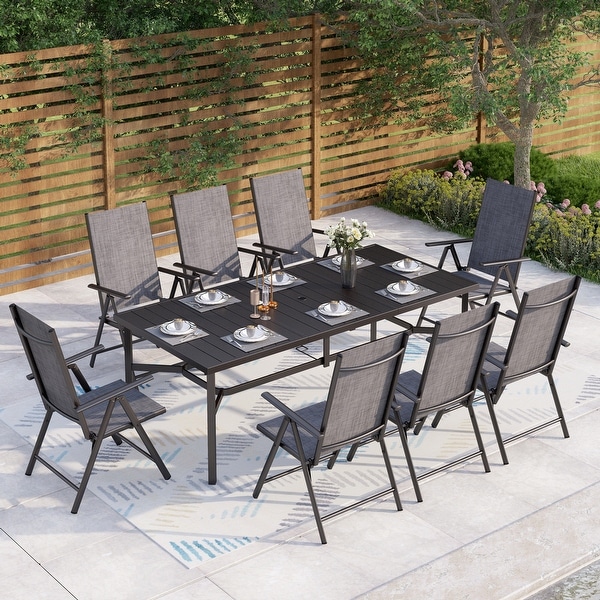 9Piece Patio Dining Set，Metal Table and Foldable Sling Dining Chairs with 7 Levels Adjustable