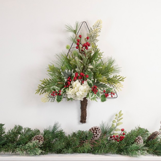 Pine Christmas Tree Wall Hanging Decoration With Berries And Holly