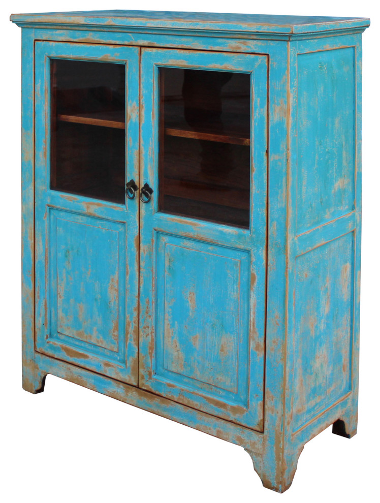 Distressed Bright Blue Glass Display Bookcase Curio Cabinet Hcs5382   Farmhouse   Bookcases   by Golden Lotus Antiques  Houzz