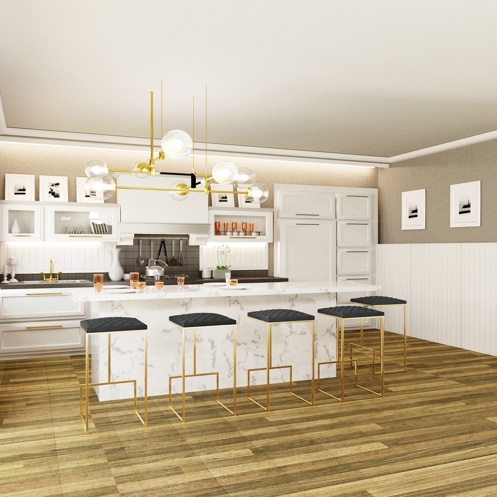 LeisureMod Quincy Modern tufted Leather Barstool Gold Metal Frame   29\