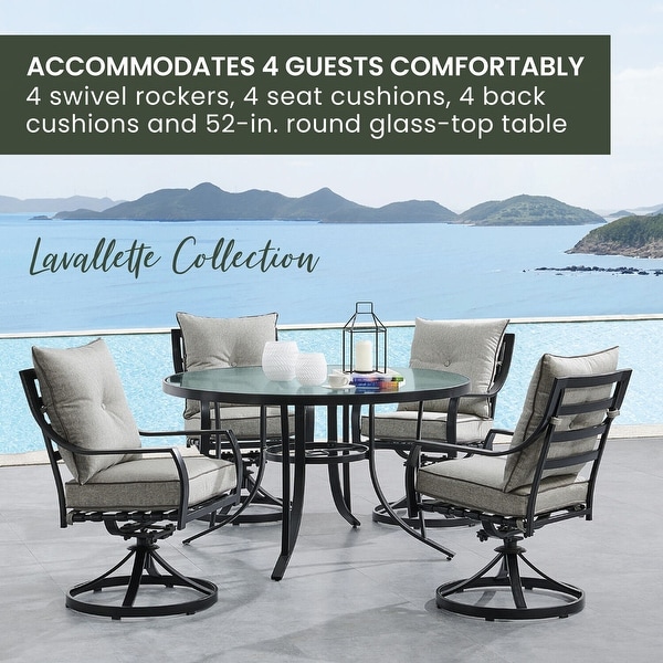 Hanover Lavallette 5Piece Dining Set in Silver Linings with 4 Swivel Rockers and a 52In. Round GlassTop Table