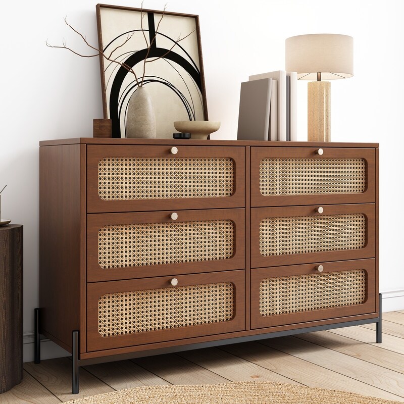 47'' Modern Solid Wood 6 Drawer Dresser with Rattan Decorative Doors (2 Colors）
