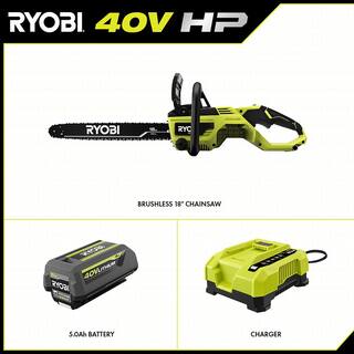 RYOBI 40V HP Brushless 18 in. Battery Chainsaw with 5.0 Ah Battery and Charger RY40580