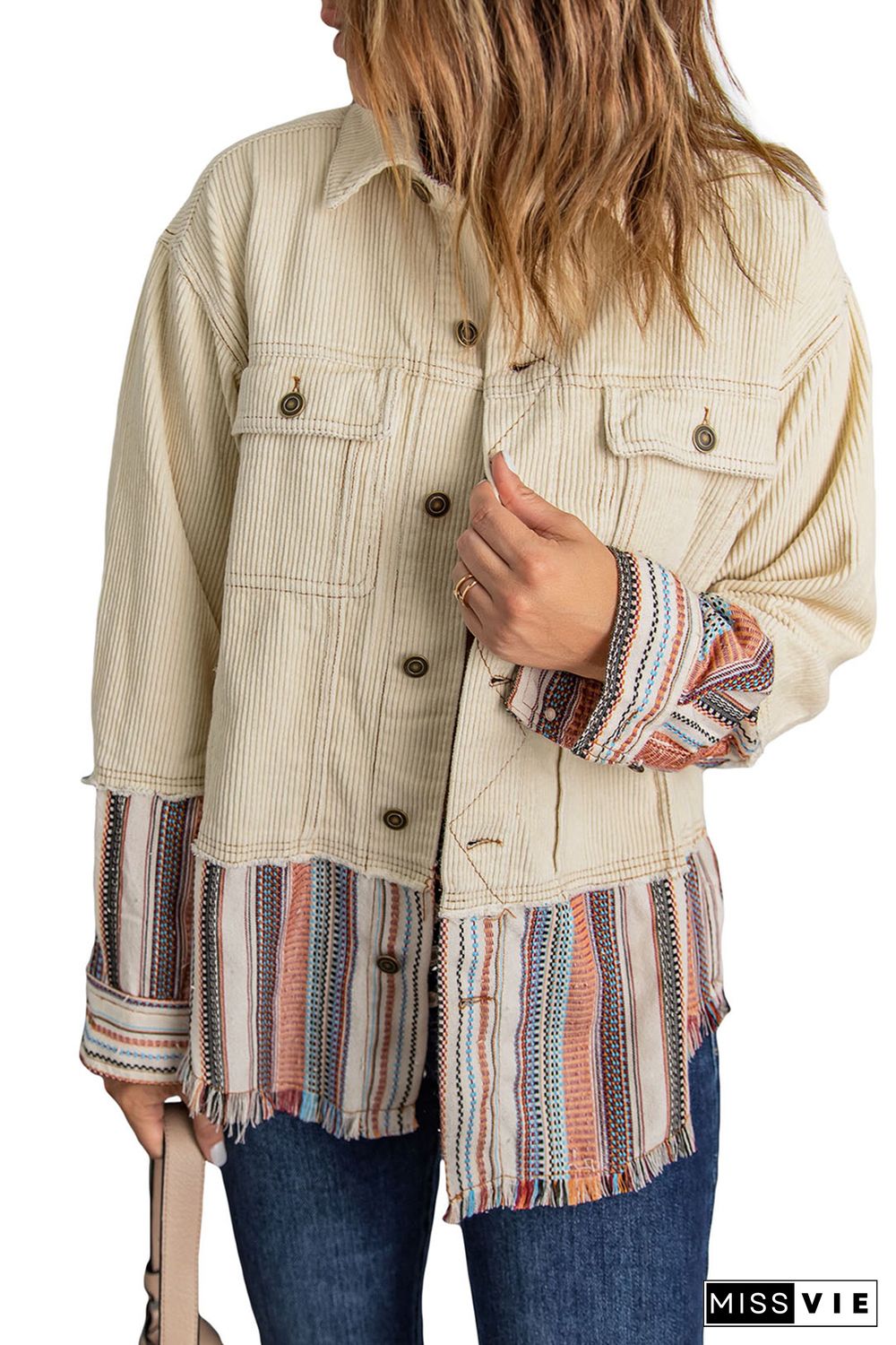 Button Up Pockets Striped Color Block Corduroy Jacket