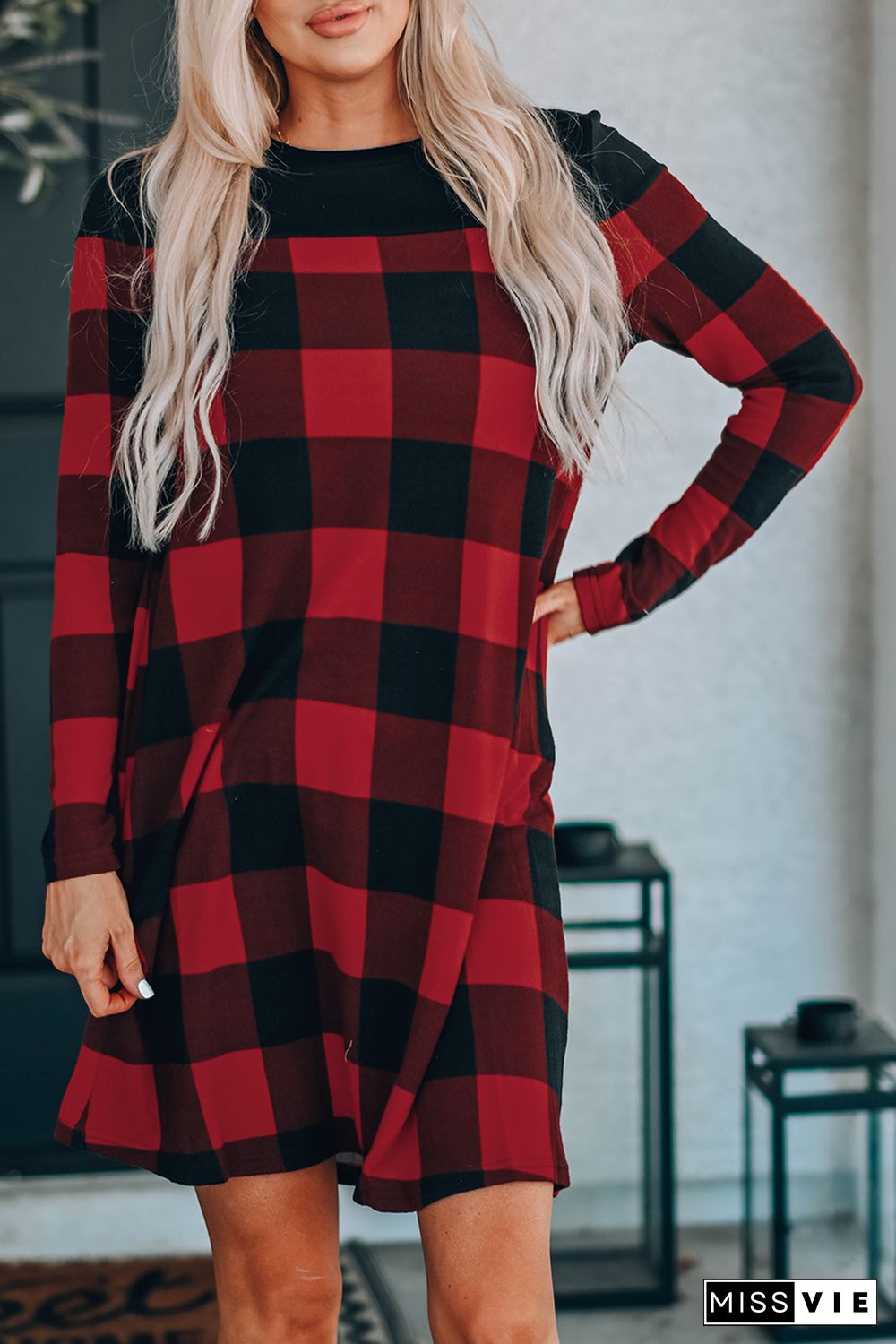 Buffalo Plaid Splicing Long Sleeve Mini Dress