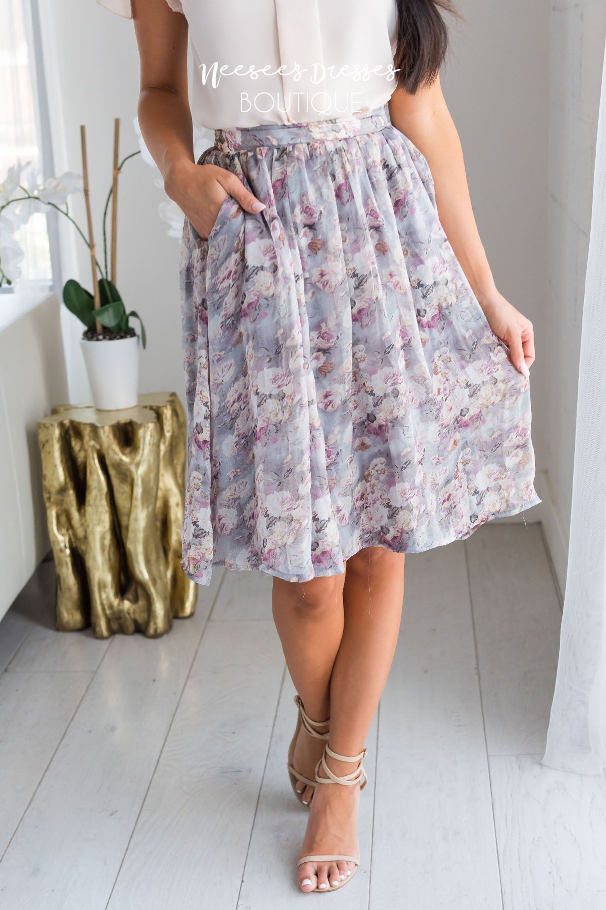 Twinkle Chiffon Gray Floral Pocket Skirt