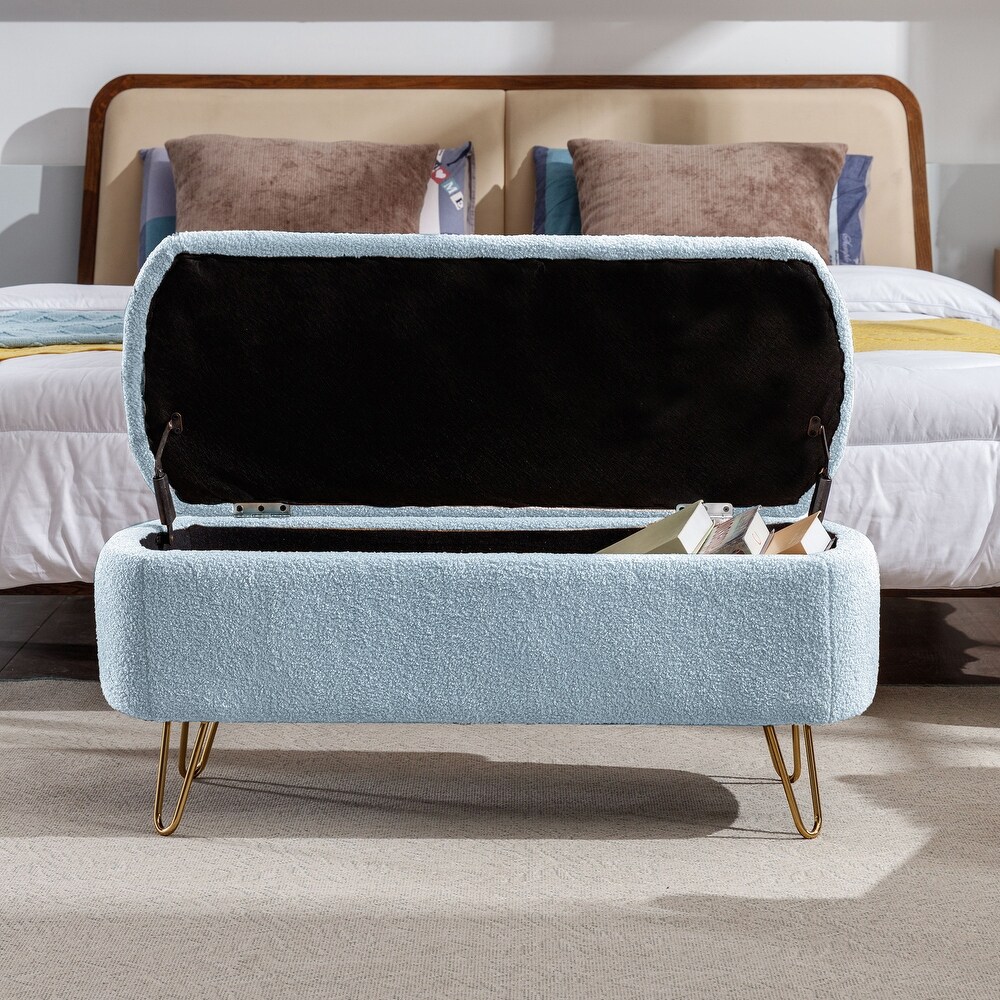 Contemporary Fabric Upholstered Storage Ottoman Bench with Metal Legs