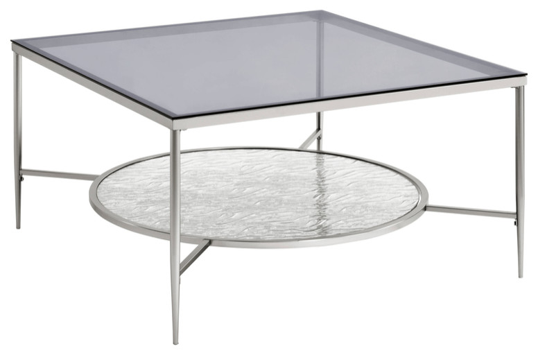 32 quotChrome And Clear Glass Square Coffee Table With Shelf   Coffee Tables   by HomeRoots  Houzz