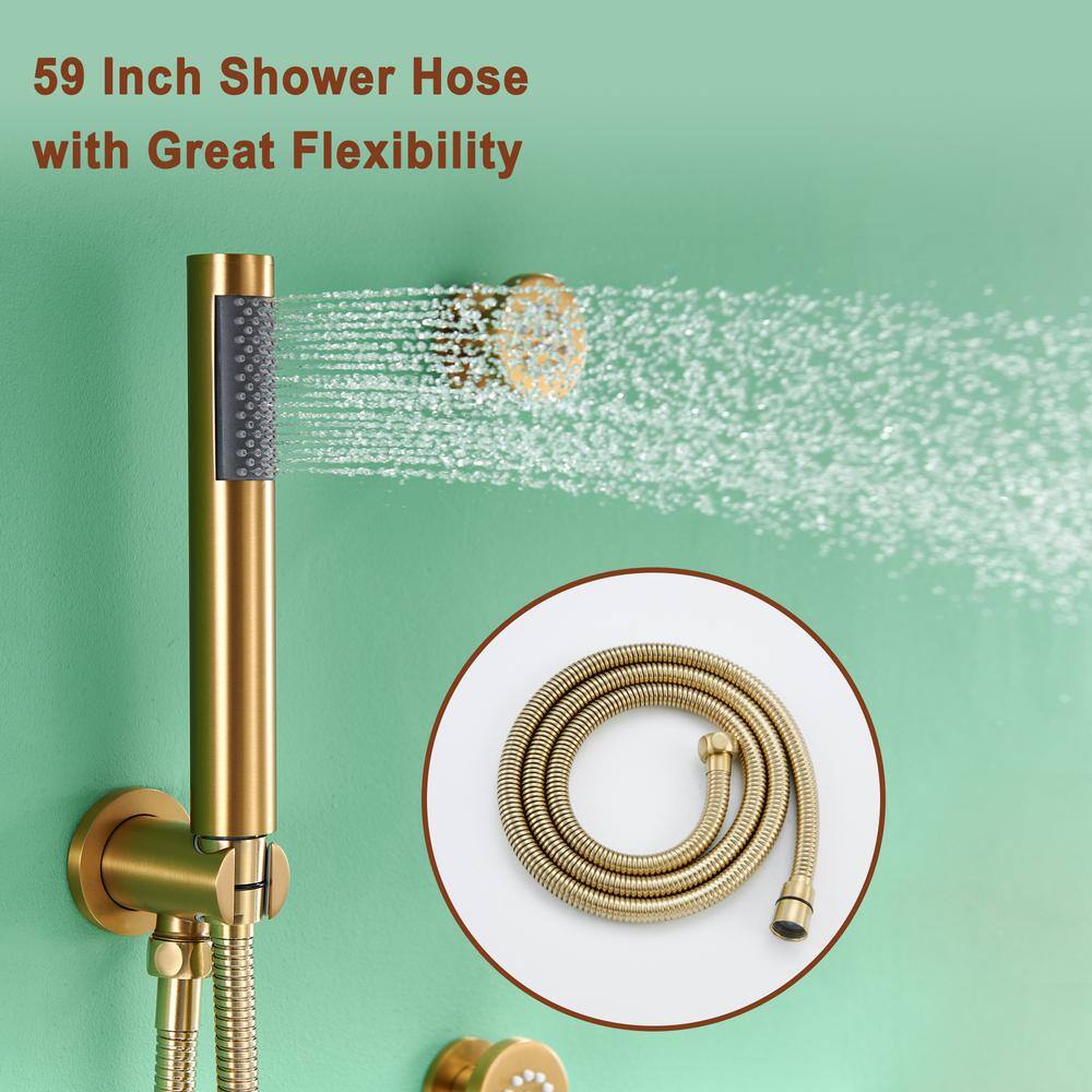 Mondawe Pressure Balanced 3-Spray Patterns 12 in. Wall Mounted Rainfall Dual Shower Heads with 6 Body Spray in Brushed Gold WF6823-12BG