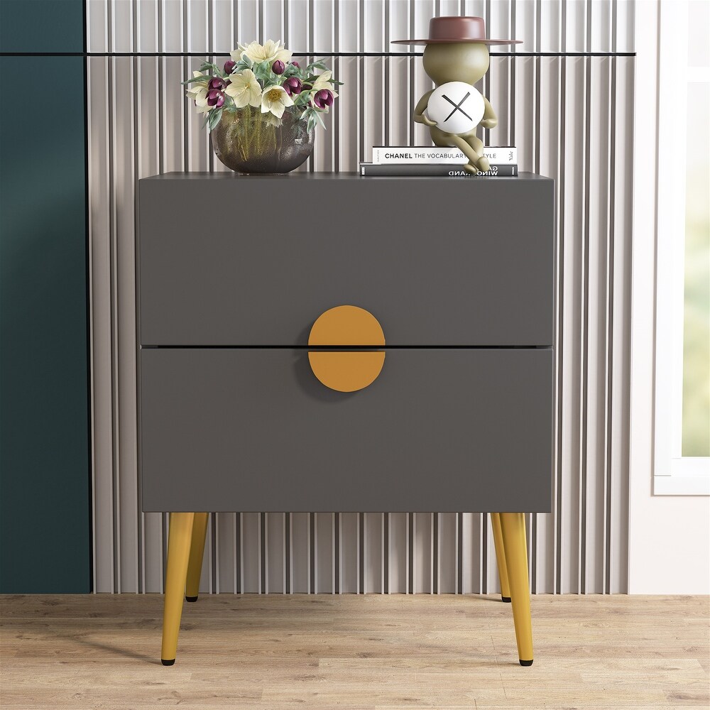 Dark Grey Wood Modern Nightstand with 2 Drawers  White/ Gold Mid century Contemporary Bedside Table with Storage