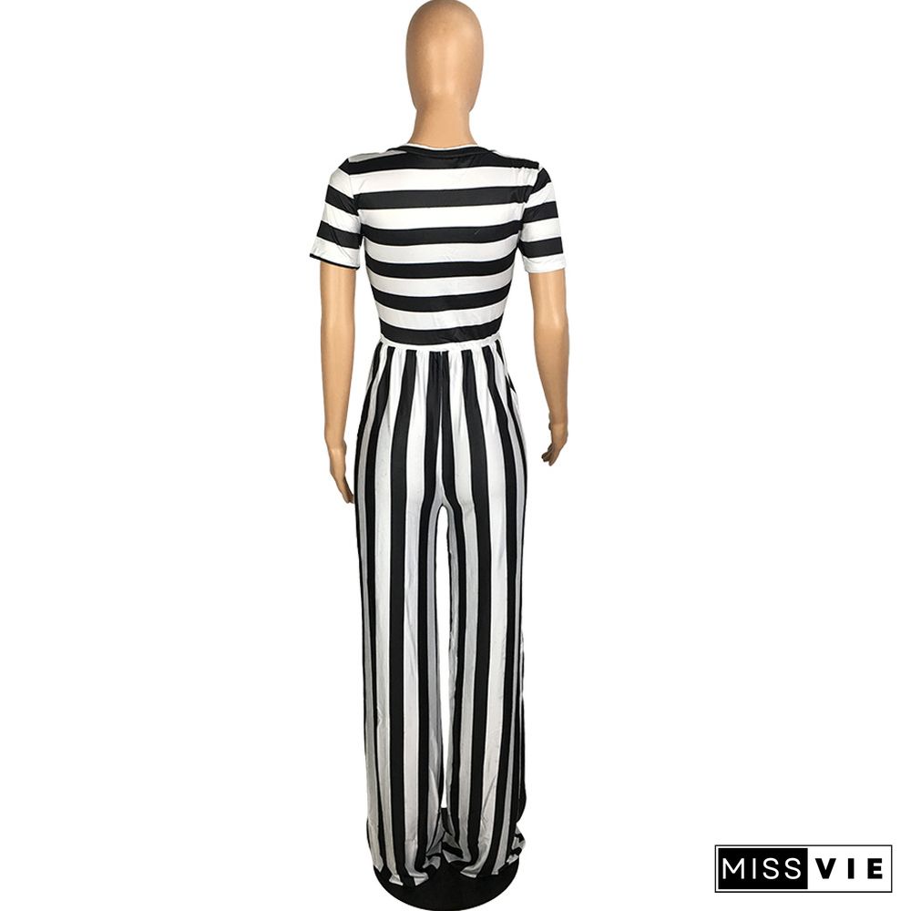 Striped Print Short Sleeve Wide Leg Jumpsuit