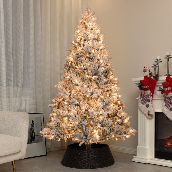 HOMCOM 6.5 ft PreLit Artificial Christmas Tree with 350 Clear Lights and 1107 Tips，Snow Flocked Christmas Tree