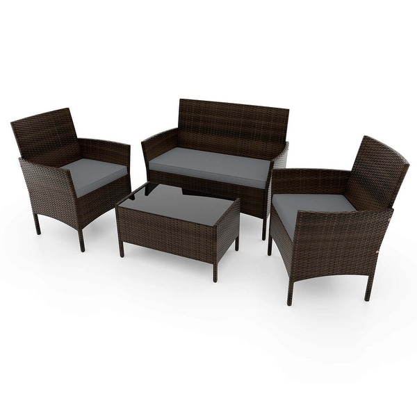 4 PCS Outdoor Rattan Conversation Set Patio Wicker Furniture Set