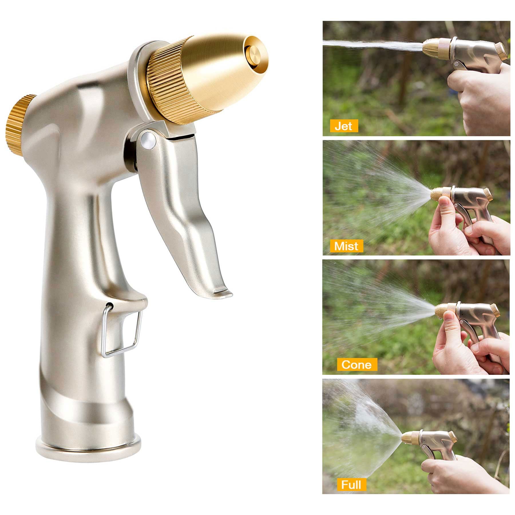 Crenova Garden Hose Nozzle 100% Brass Metal Water Nozzle Sprayer 4 Patterns High Pressure Handheld Pistol Grip Sprayer for Watering Plants Lawn Washing Car and Pets