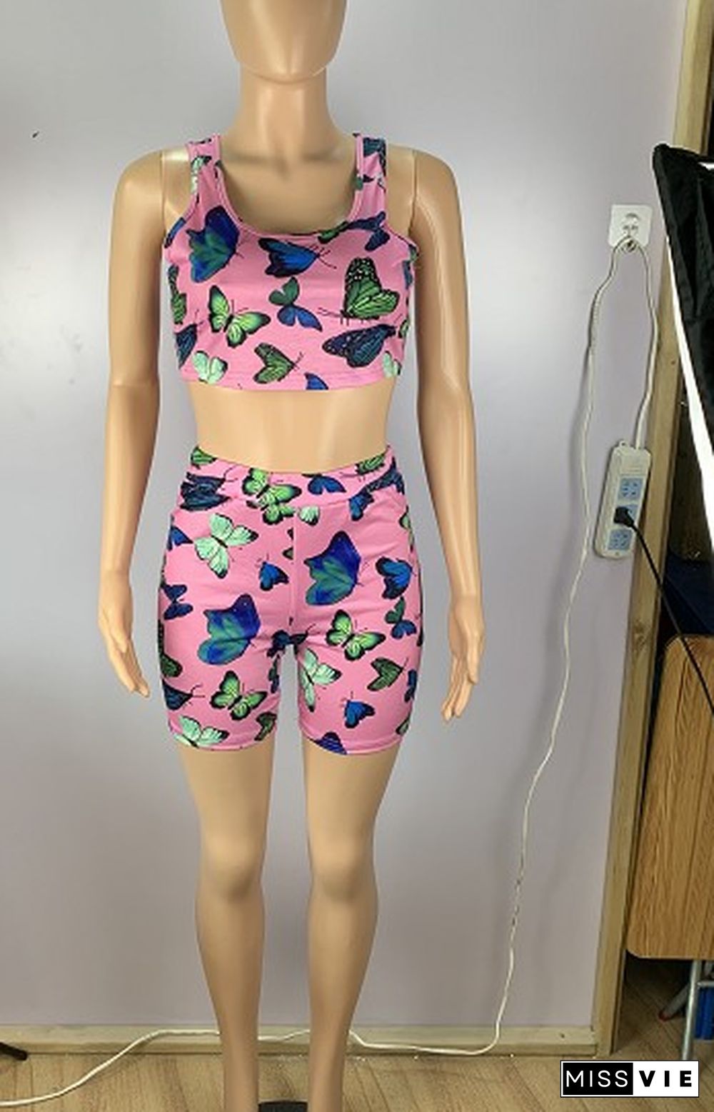 Sexy Butterfly Print Bodice Wrap Tight Shorts Two-piece Set