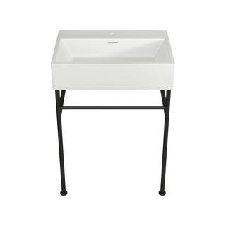 Logmey 24 in. Ceramic White Single Bowl Console Sink Basin and Legs Combo with Overflow and Black Metal Leg LMZJP24B17