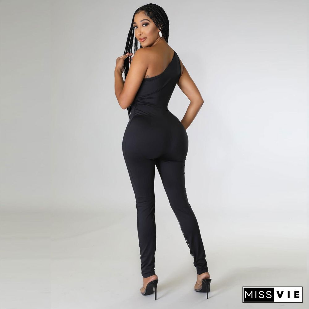 Hot Drilling One Shoulder Skinny Nightclub Jumpsuits