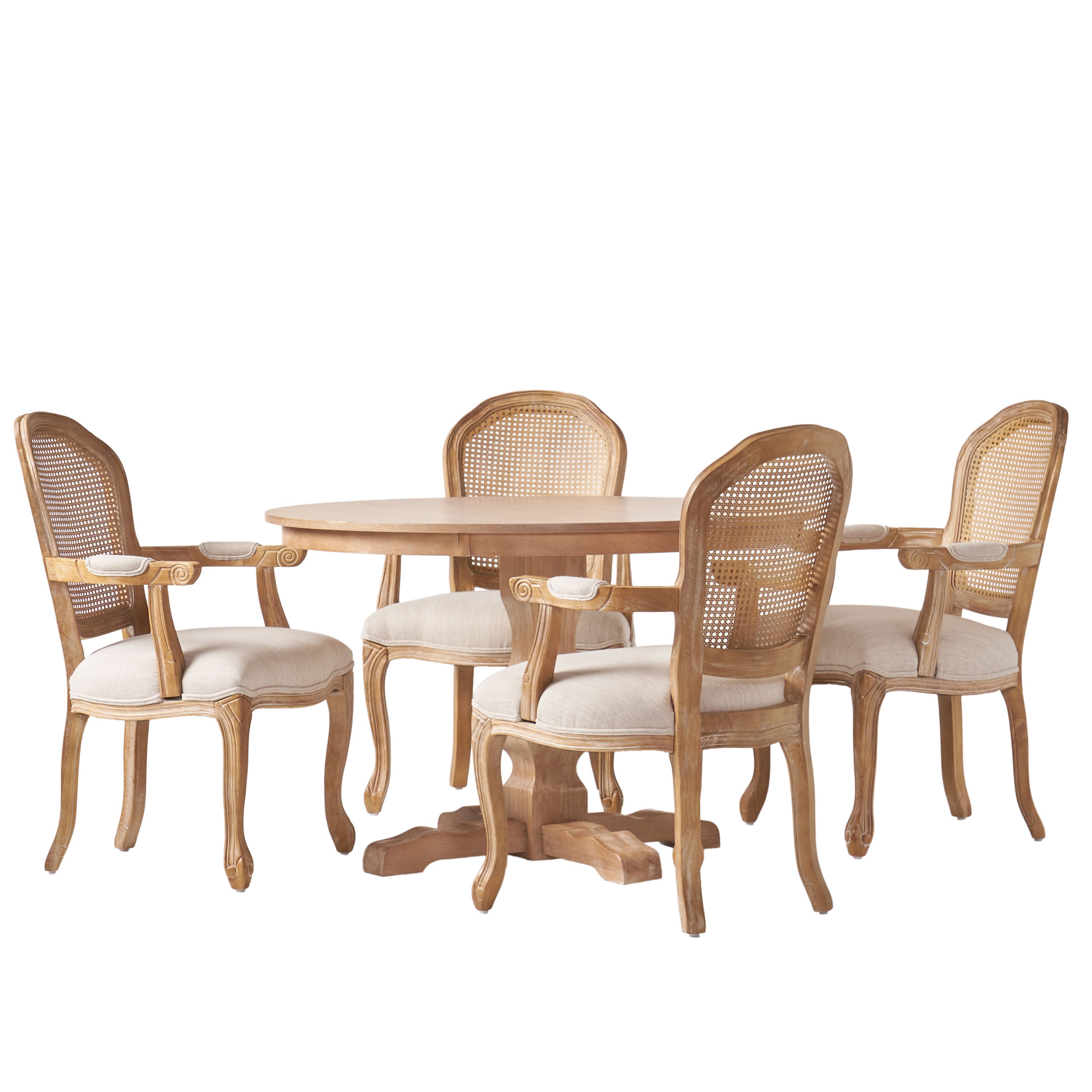 Ardyce French Country Fabric Upholstered Wood and Cane 5 Piece Circular Dining Set