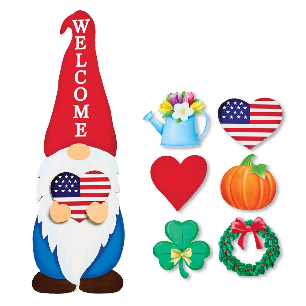 Seasonal Wooden Welcome Gnome Statue with Seasonal Hearts   25.350 x 8.750 x 2.750