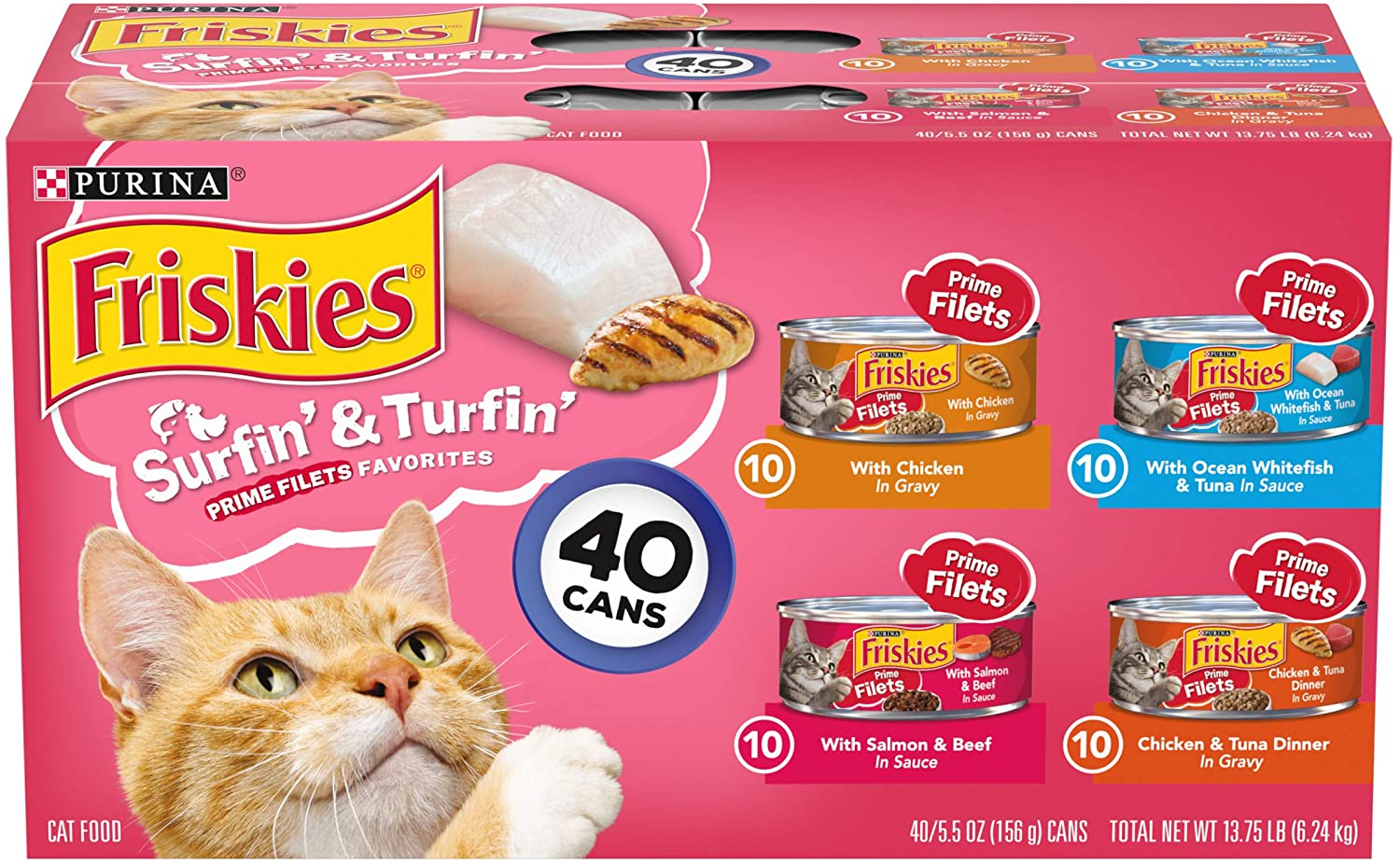 Purina Friskies Wet Cat Food Variety Pack， Surfin' and Turfin' Prime Filets Favorites - (40) 5.5 oz. Cans