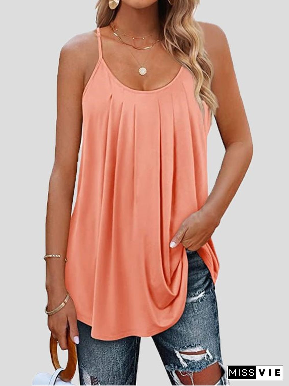 Women'S Tank Tops Pleated Sling Crew Neck Tank Tops