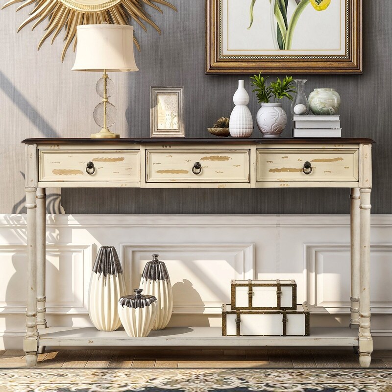 Rustic Solid Wood Console Table with Projecting Drawers and Long Shelf