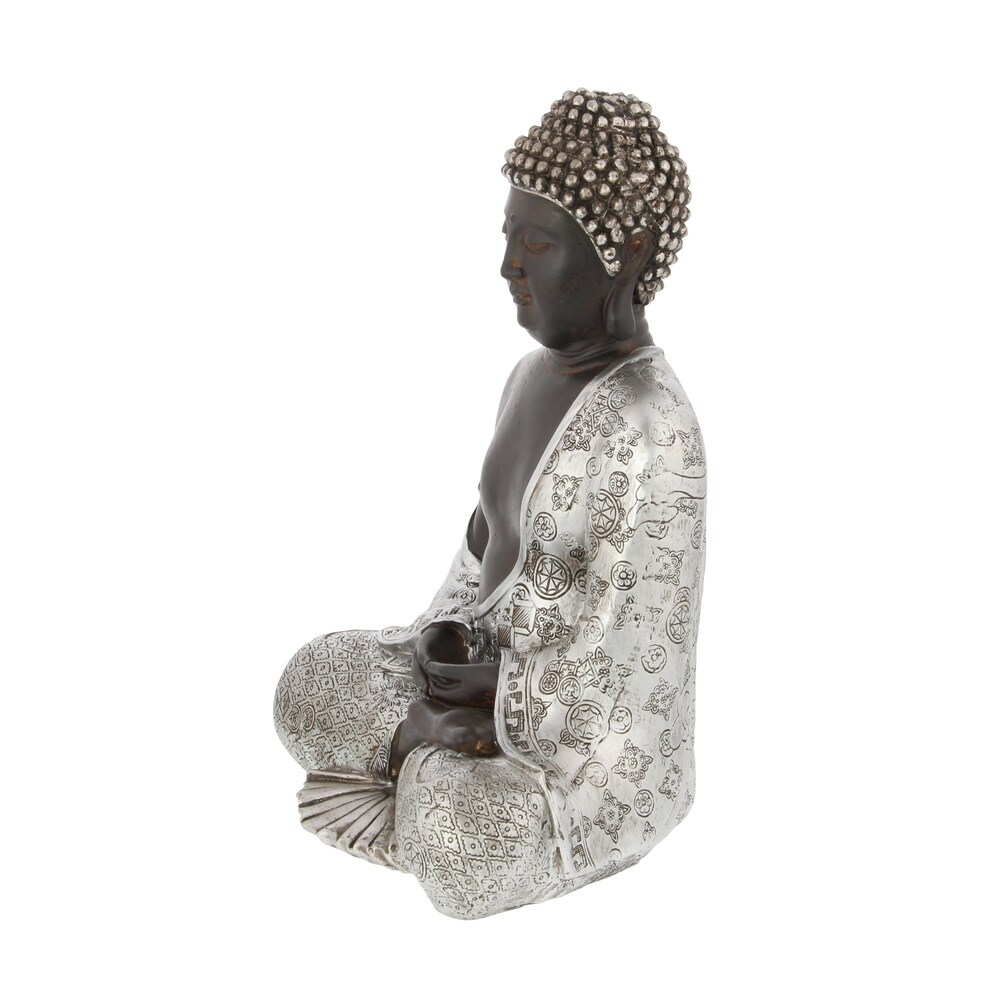 Silver Polystone Bohemian Buddha Sculpture with Engraved Carvings and Relief Detailing   9 x 5 x 11