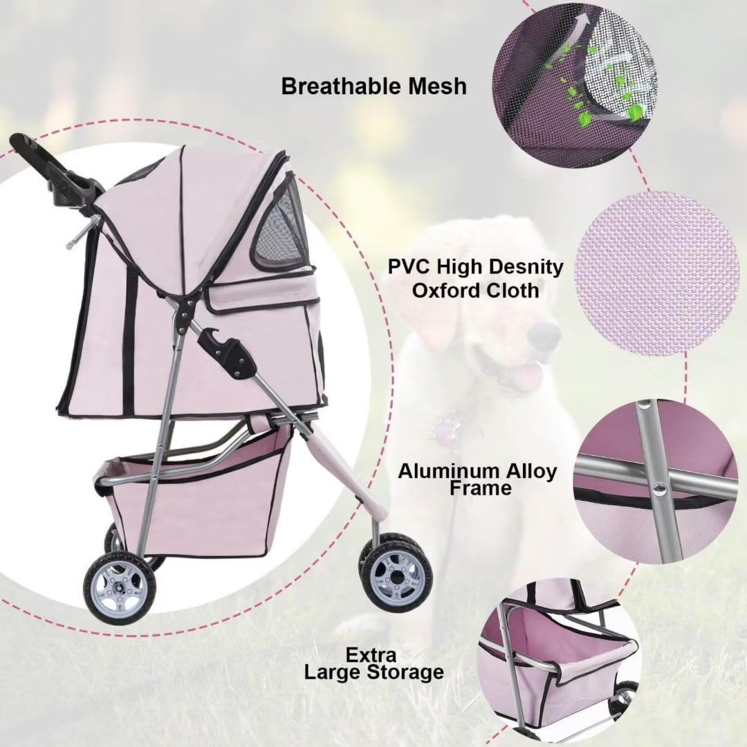 NiamVelo 3 Wheels Pet Stroller Foldable Dog Stroller with Cup HolderandStorage Basket Puppy Stroller for Small and Medium Pets，Light Pink