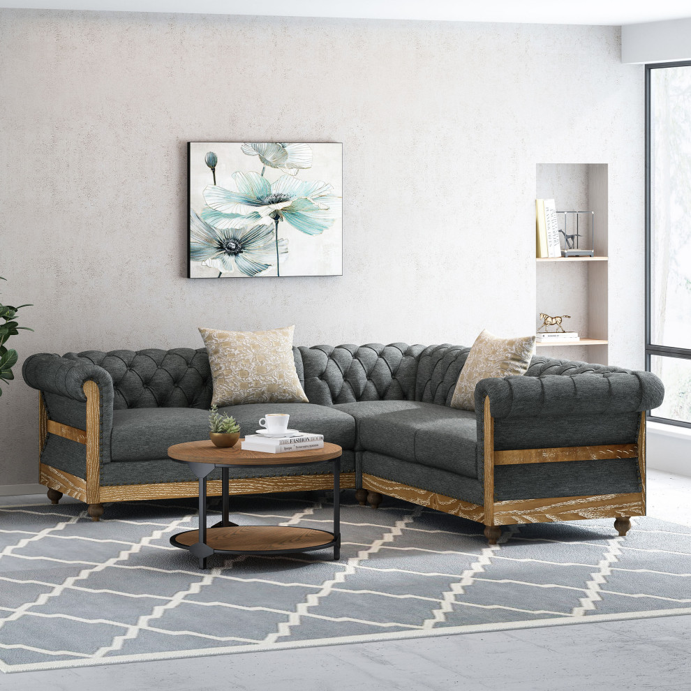 Alejandro Chesterfield Tufted Fabric 5 Seater Sectional Sofa with Nailhead Trim   French Country   Sectional Sofas   by GDFStudio  Houzz