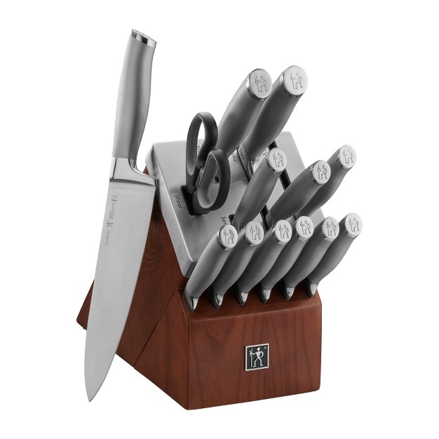 Henckels Modernist 14 pc Self sharpening Knife Set With Block Chef Knife Paring Knife Bread Knife Steak Knife Dark Brown Stainless Steel